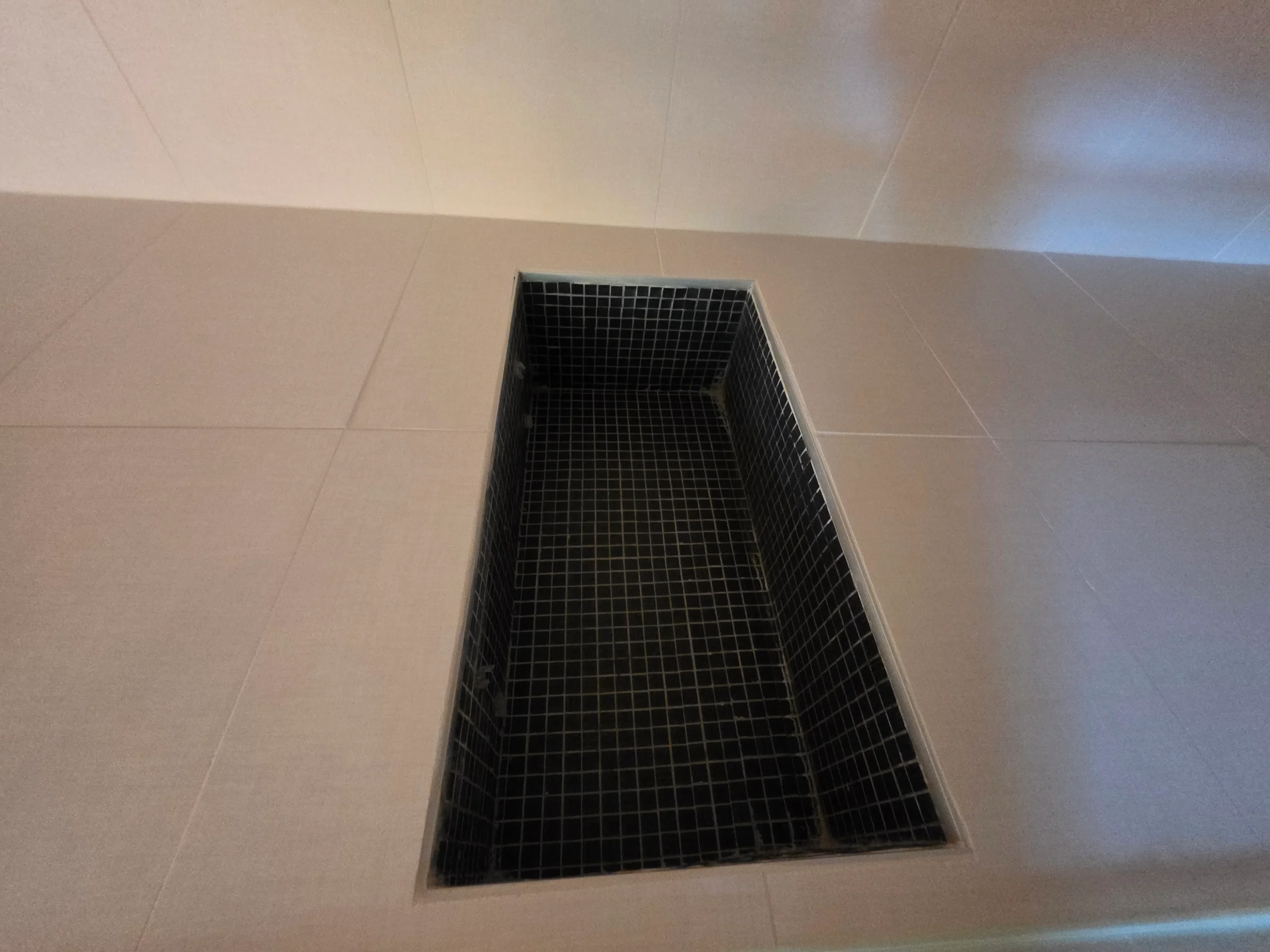 Finished large-format tile floor with a black mosaic shower pan