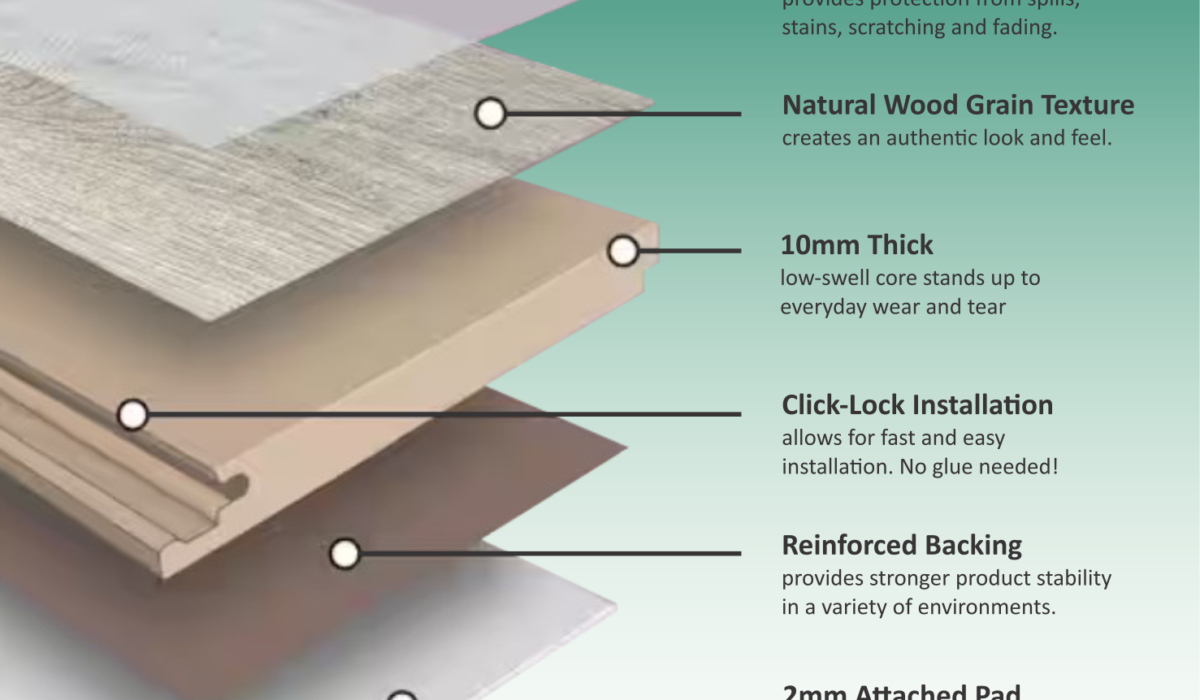 Laminate flooring layers: wear layer, wood-grain texture, 10 mm core, click-lock installation, reinforced backing and 2 mm attached pad