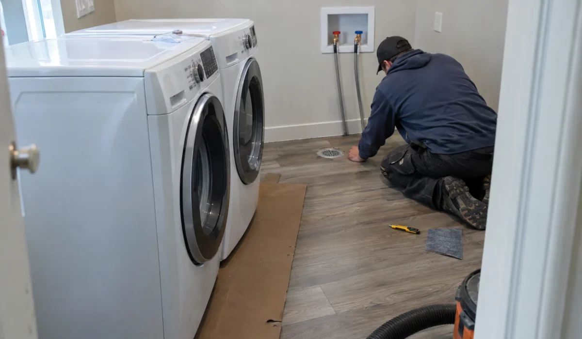 Best flooring for laundry room: waterproof vinyl plank running under the washer and dryer footprint around a floor drain