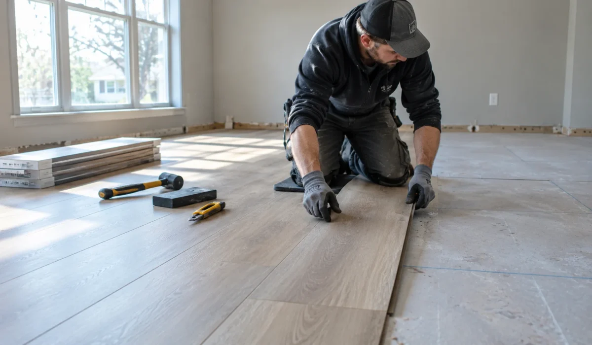 Flooring installer laying luxury vinyl plank over a flat, prepared subfloor in a DMV home