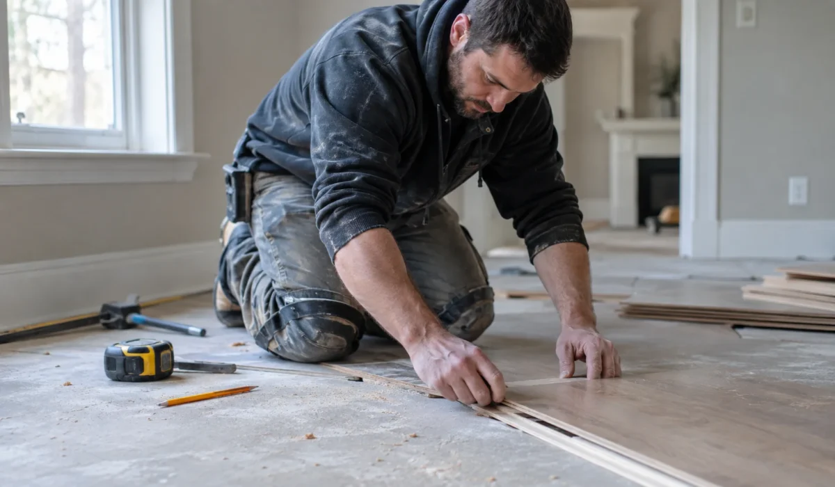Best flooring for house: installer laying wood-look luxury vinyl plank in a Northern Virginia living room