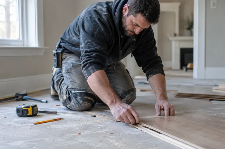 Best flooring for house: installer laying wood-look luxury vinyl plank in a Northern Virginia living room