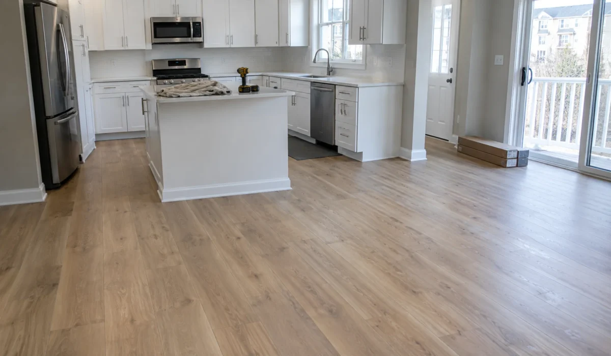 Best flooring for kitchen: installer laying waterproof luxury vinyl plank in a Northern Virginia kitchen