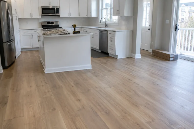 Best flooring for kitchen: installer laying waterproof luxury vinyl plank in a Northern Virginia kitchen