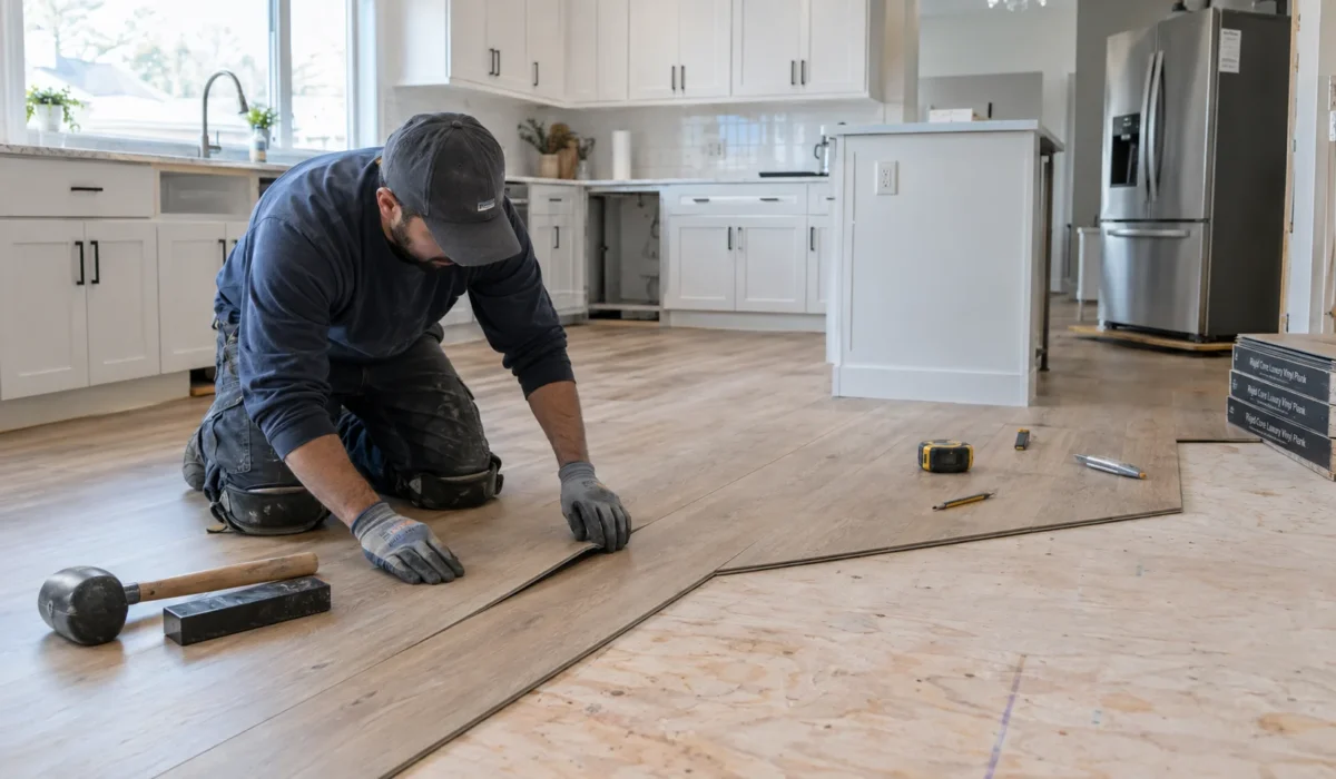 Best kitchen flooring samples compared: waterproof LVP, porcelain tile, laminate and engineered hardwood with water spilled on them