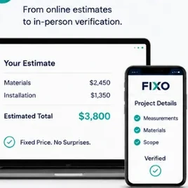 A FIXO estimate on screen: materials, installation and the estimated total, with the details verified on the FIXO app