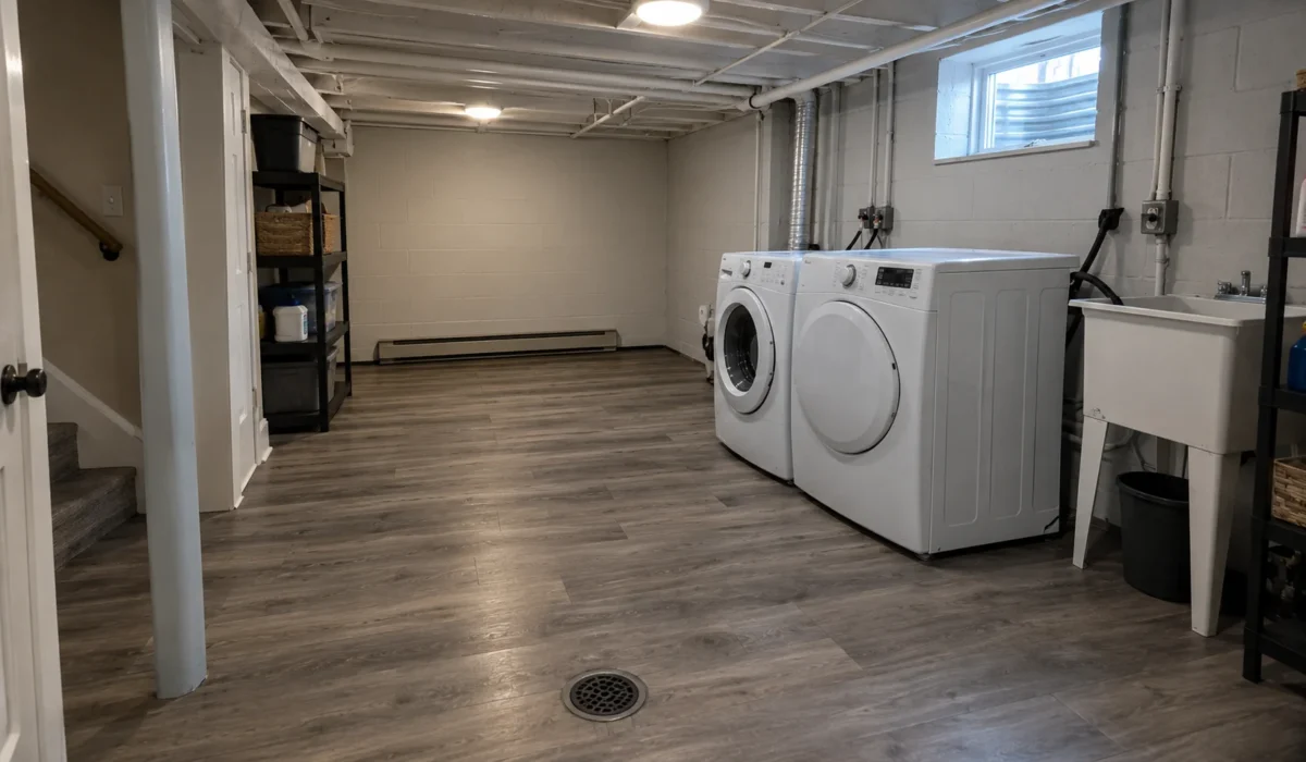 Basement laundry room flooring with waterproof LVP installed over a concrete slab with a floor drain
