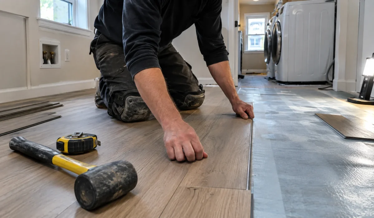 Flooring installer clicking waterproof vinyl plank flooring into place during a laundry room installation