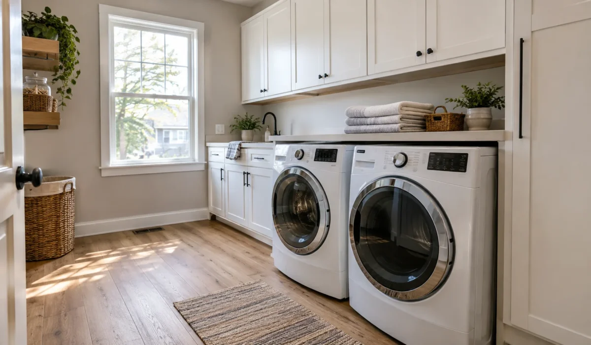 Laundry room flooring: wood-look waterproof LVP in a bright laundry room with washer and dryer