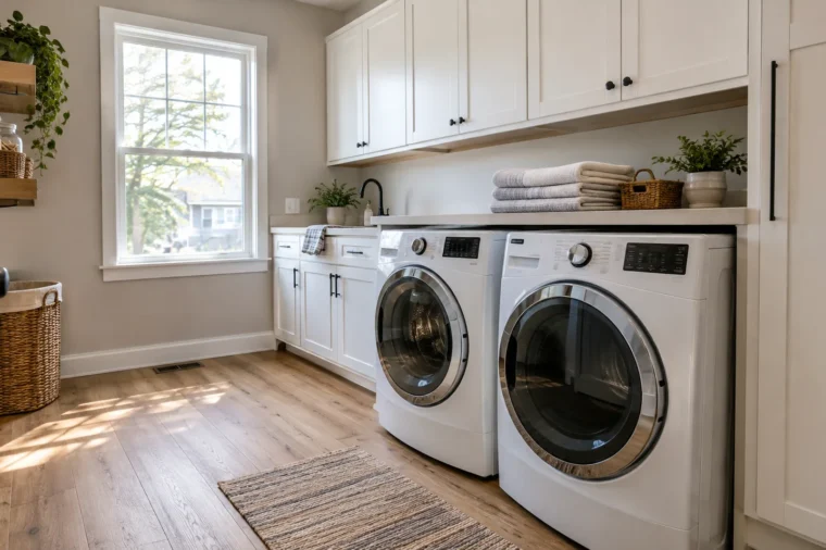 Laundry room flooring: wood-look waterproof LVP in a bright laundry room with washer and dryer