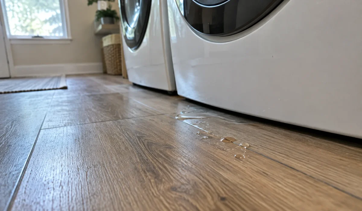 Water droplets beading on waterproof vinyl flooring in a laundry room, fully waterproof rigid core LVP