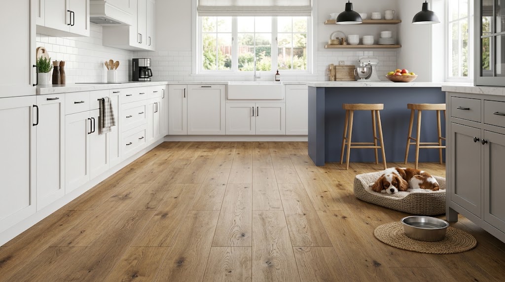 Kitchen with installed LVP flooring in a natural oak finish beside white cabinets