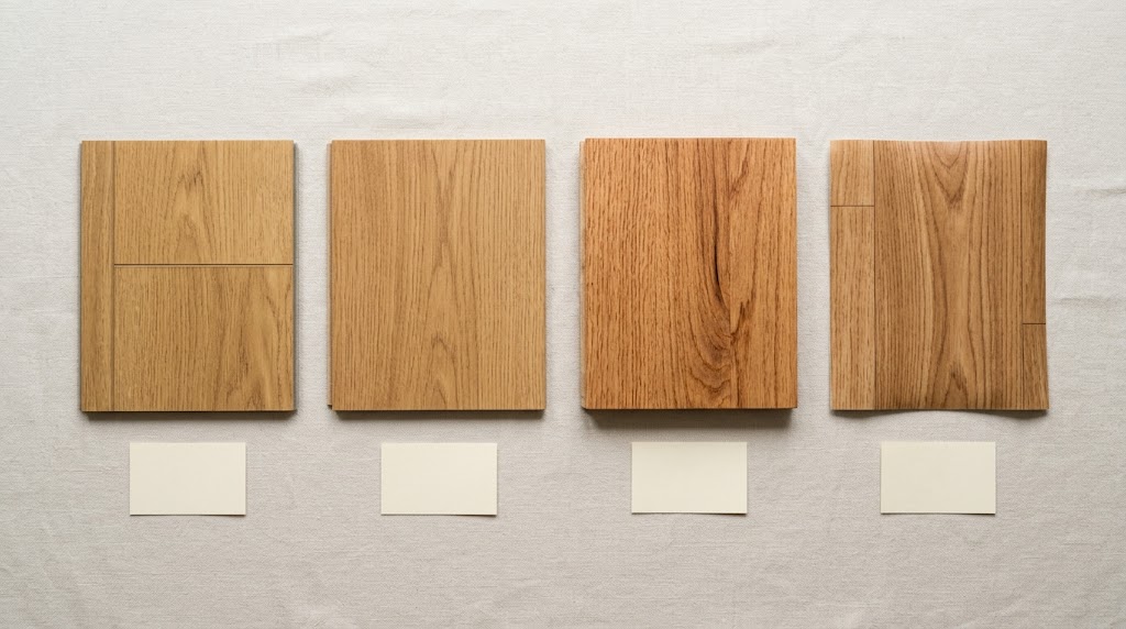 LVP flooring and laminate samples compared side by side with hardwood and sheet vinyl