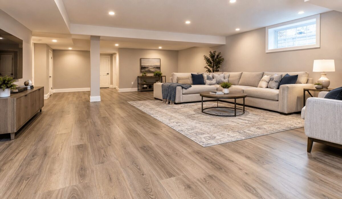 Best waterproof basement flooring option: installer clicking rigid core LVP planks together over underlayment