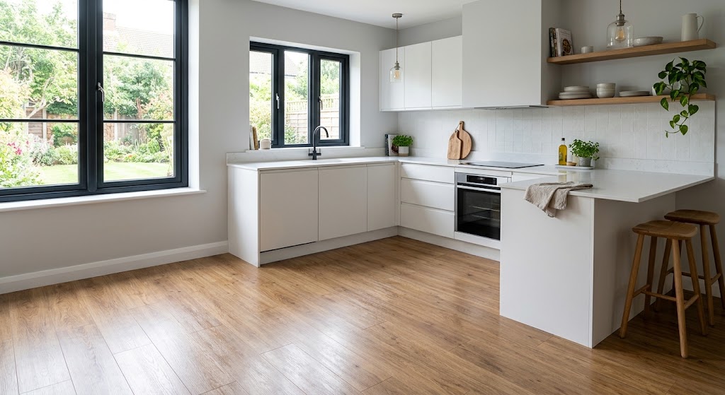 LVP waterproof flooring installed in a modern kitchen