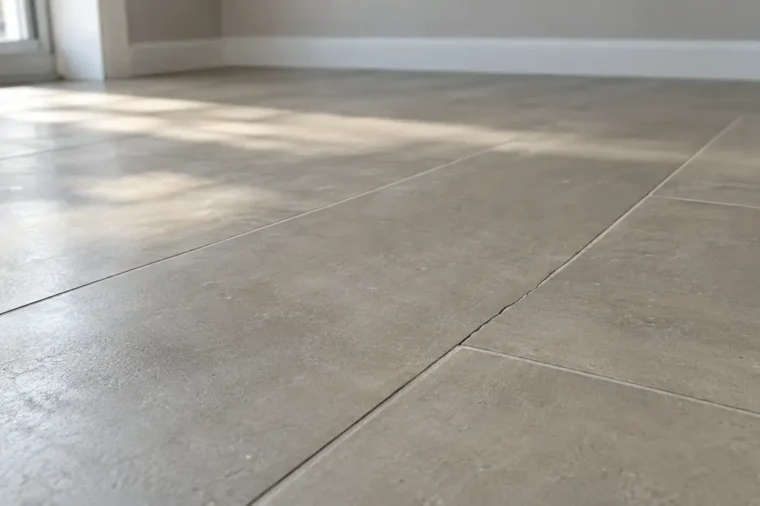 Straight crack running across large-format floor tiles after tile flooring installation, caused by subfloor movement