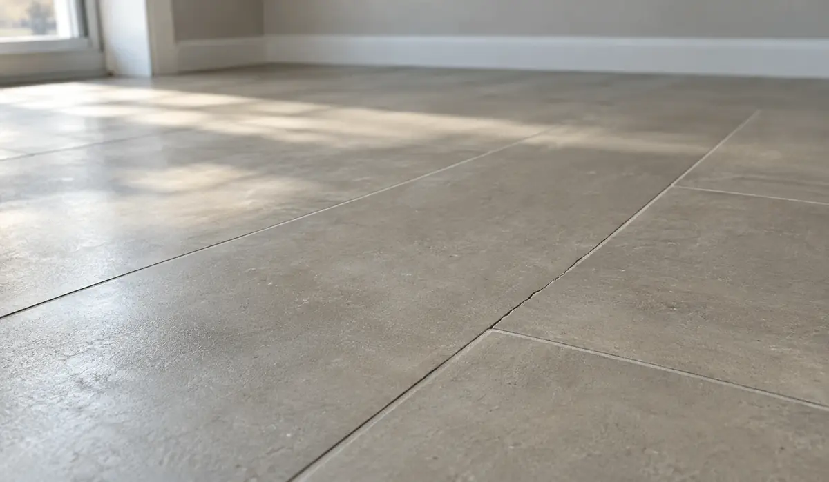 Straight crack running across large-format floor tiles after tile flooring installation, caused by subfloor movement