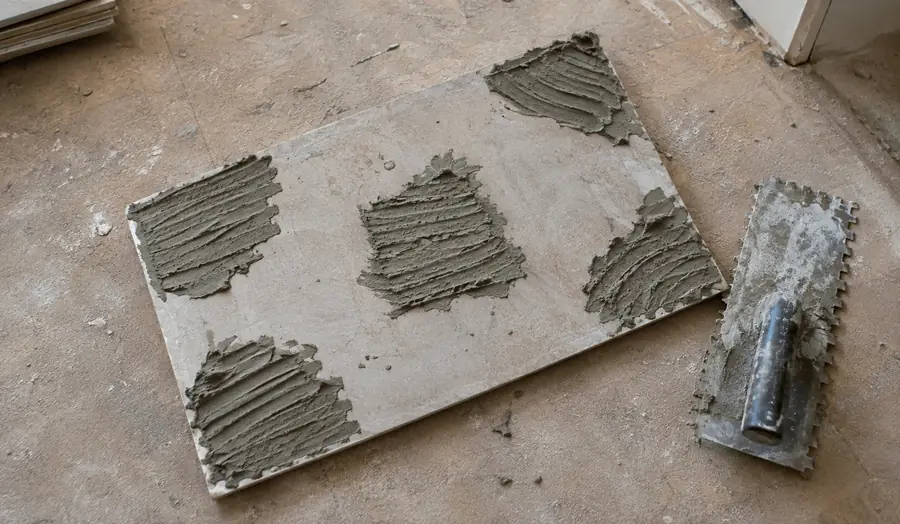 Back of a floor tile with five separate patches of thin-set mortar, showing incomplete mortar coverage from spot bonding during tile flooring installation