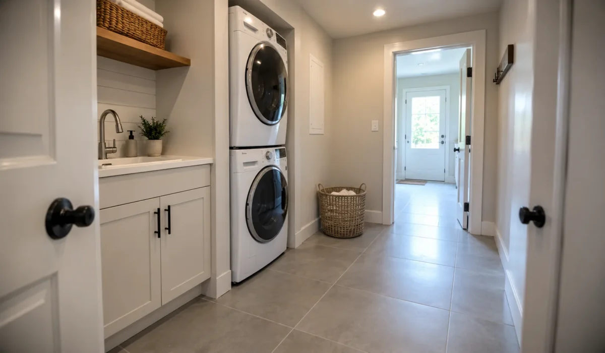 Large-format porcelain tile flooring in a laundry room and hallway with stacked washer and dryer