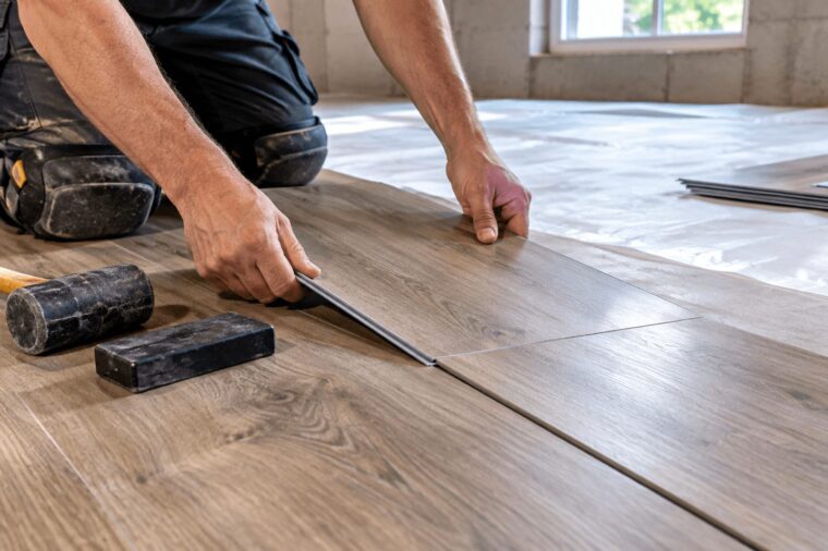 Best waterproof basement flooring: wood-look rigid core LVP installed in a finished Northern Virginia basement family room