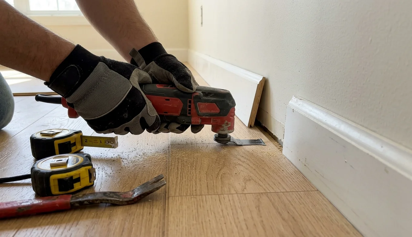 Flooring installer trimming a laminate plank at the wall to fix laminate floor buckling