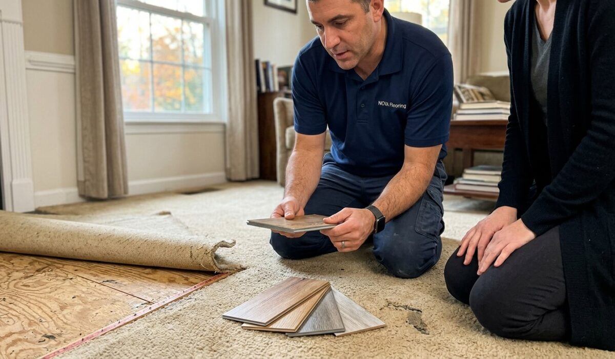Installer showing a homeowner LVP samples during an in-home estimate, a key step when comparing vinyl flooring contractors