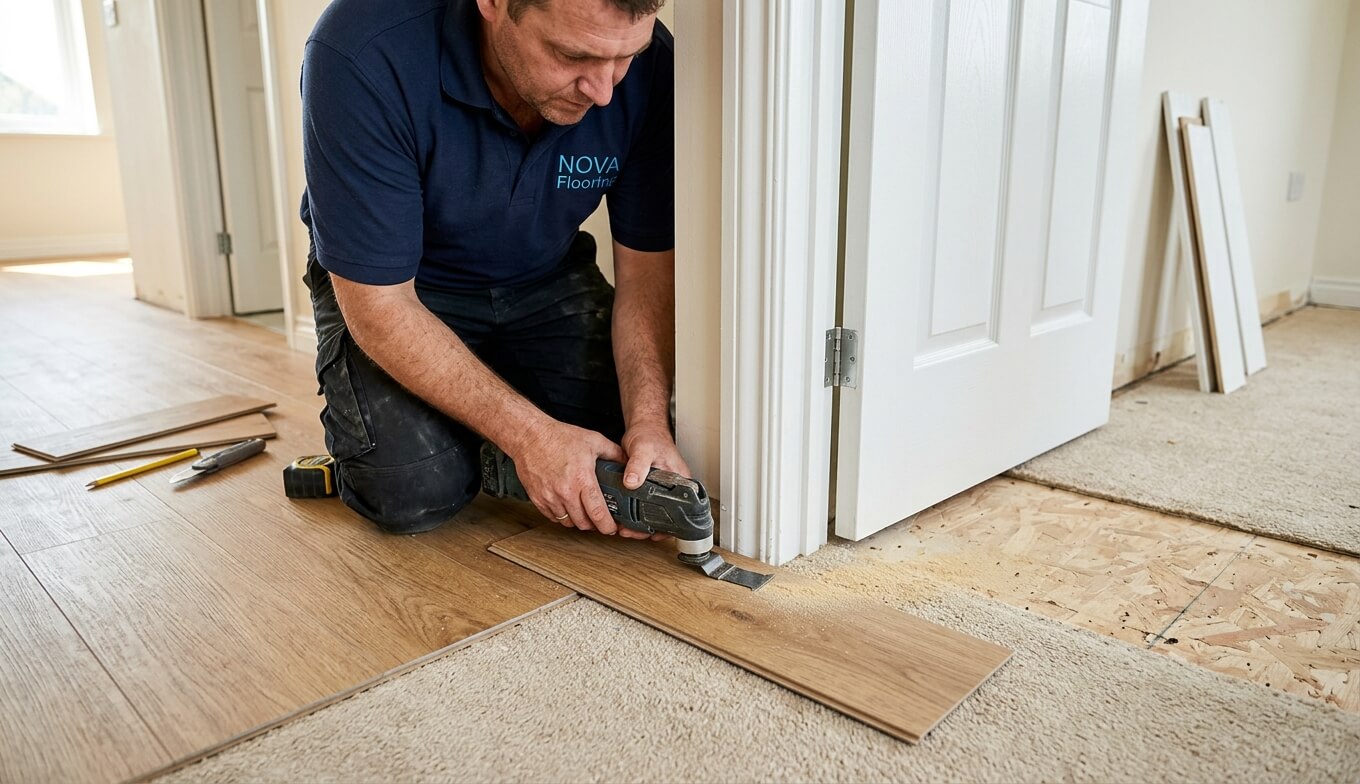 Installer undercutting a door jamb with an oscillating tool, a prep step good vinyl flooring contractors do before laying LVP