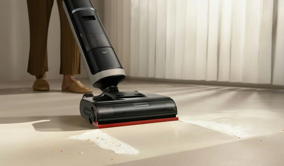 Cordless floor cleaner with a soft roller head on a hard floor