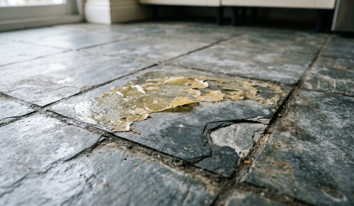 Dull slate tile with yellowed topical sealer peeling and a flaked corner before restoration