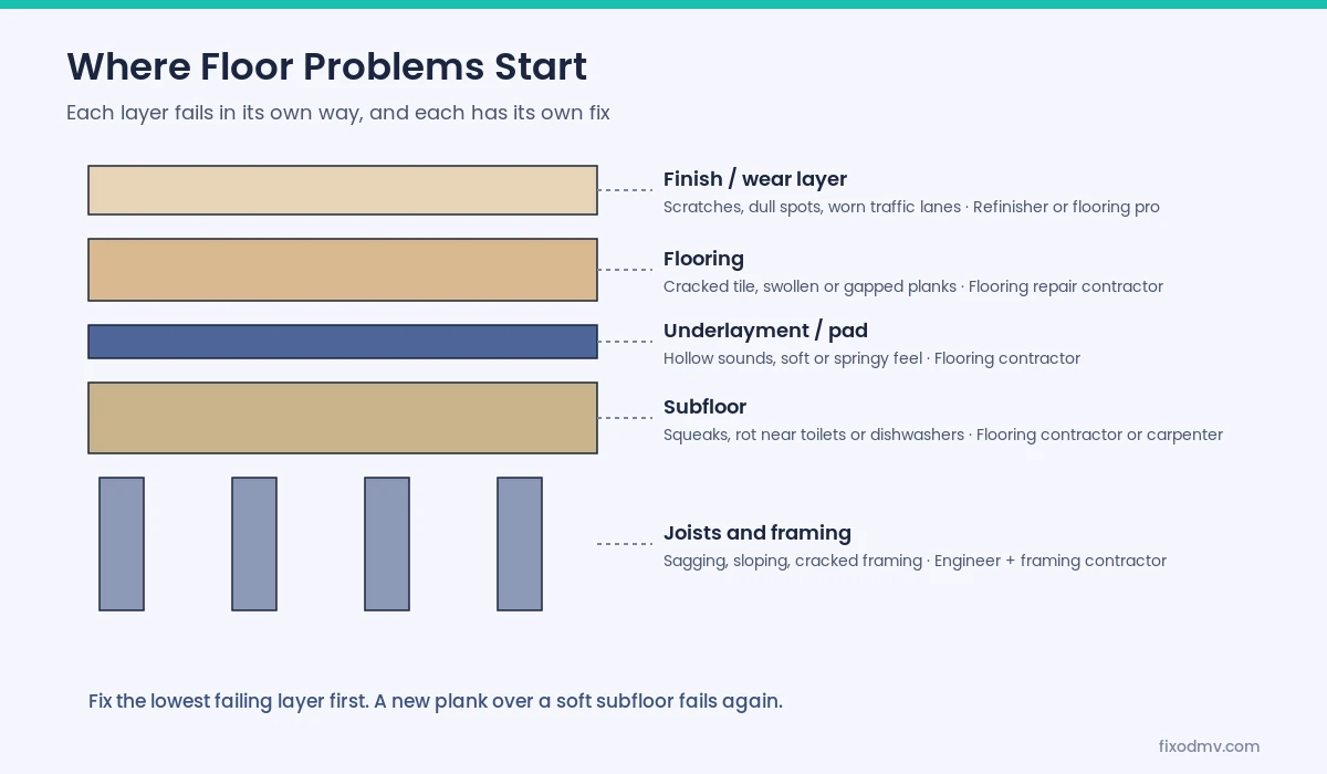 Diagram of floor layers from finish to joists and the problems that start in each layer