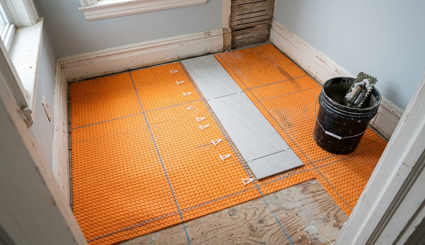 Uncoupling membrane and chalk layout lines on a bathroom floor during tile floor installation