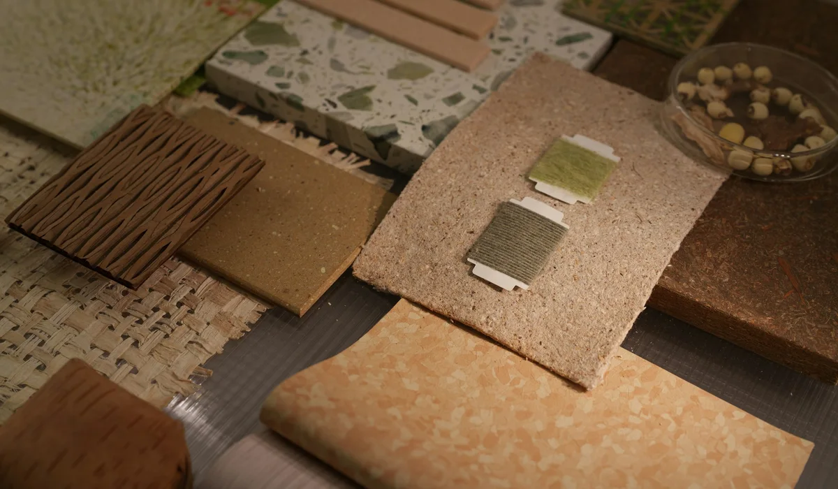 Flooring and finish material samples laid out for comparison