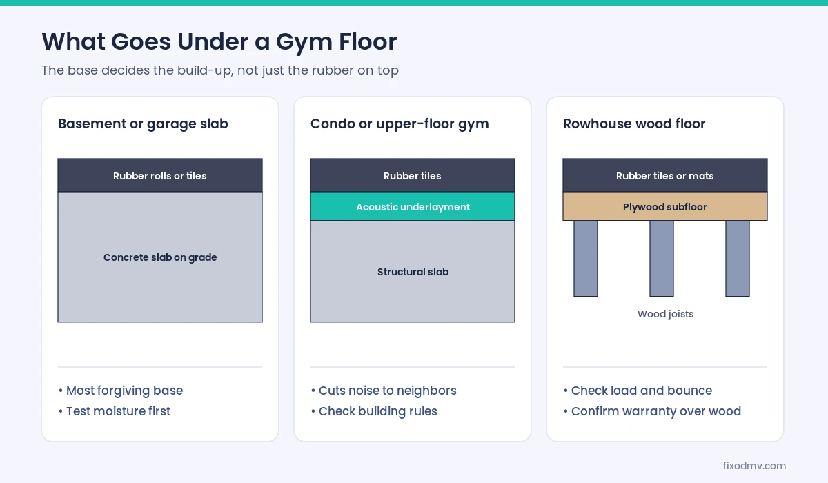 Diagrams of rubber gym floor build-ups over a basement slab, a condo slab and a wood subfloor