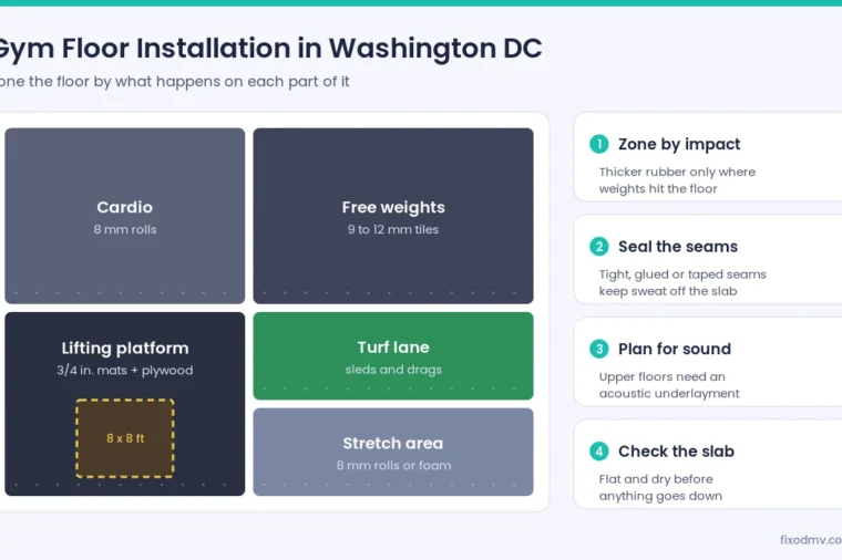 Gym floor installation in Washington DC floor plan with cardio, free weight, lifting platform and turf zones