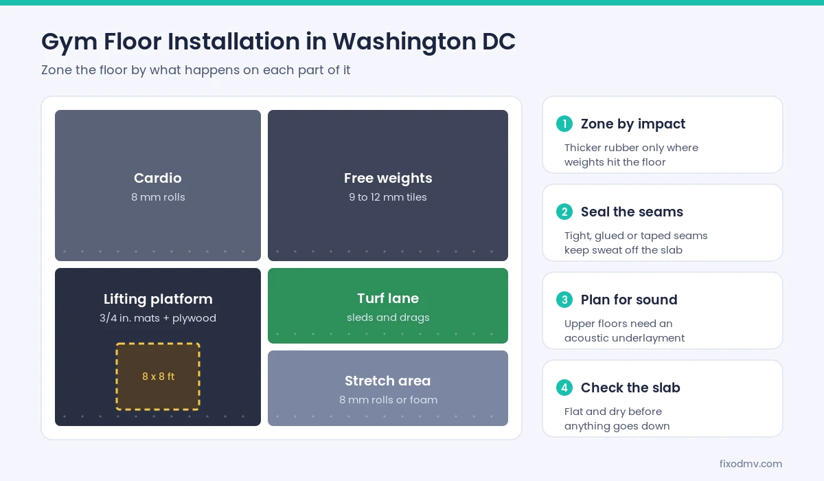 Gym floor installation in Washington DC floor plan with cardio, free weight, lifting platform and turf zones