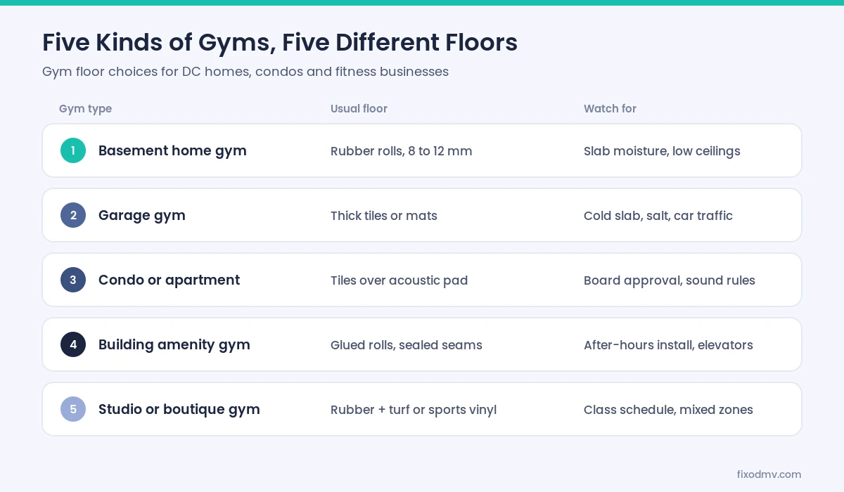 Comparison of five gym types and the rubber gym flooring each one usually needs