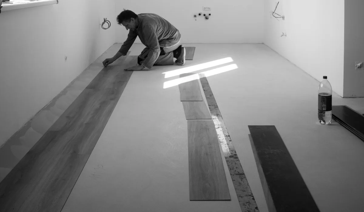 Installer kneeling to lay plank flooring across an empty room, with planks staged on the floor