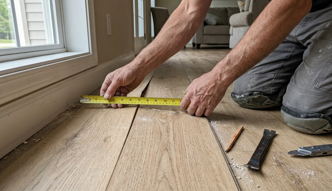 Laminate floor buckling near a wall with a raised ridge between the planks