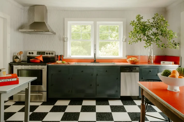 Kitchen with a black and white checkerboard floor, a classic pattern linoleum tiles can recreate