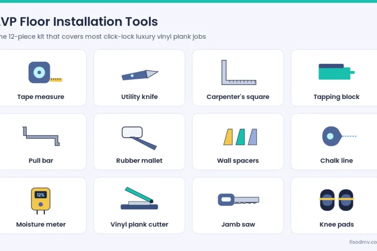 LVP floor installation tools: a 12-piece kit with tapping block, pull bar, spacers, utility knife and moisture meter