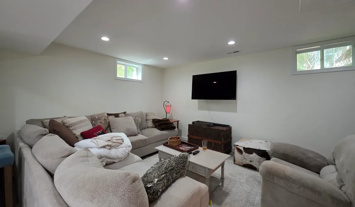 Finished lower-level living room with new plank flooring throughout
