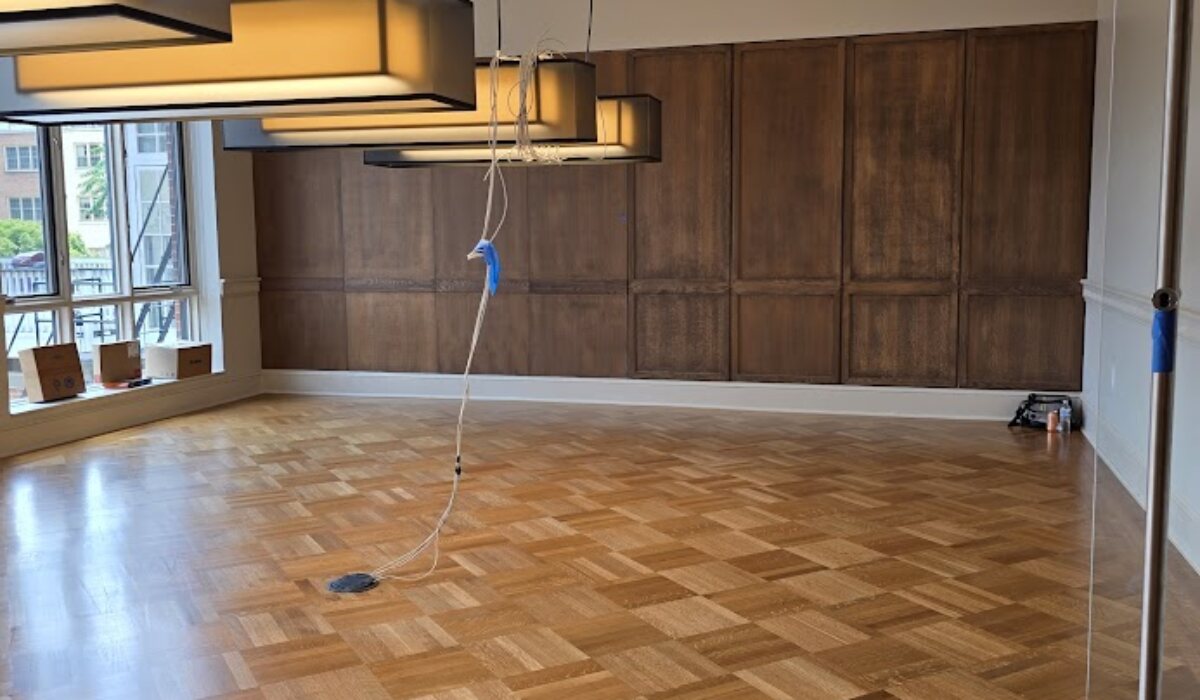 Parquet floor in a large room; damaged parquet blocks can often be replaced one at a time