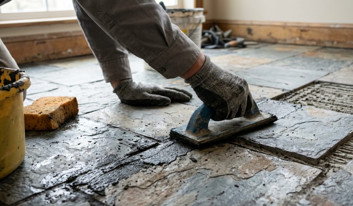 Installer pressing new charcoal sanded grout into raked-out slate tile joints with a grout float