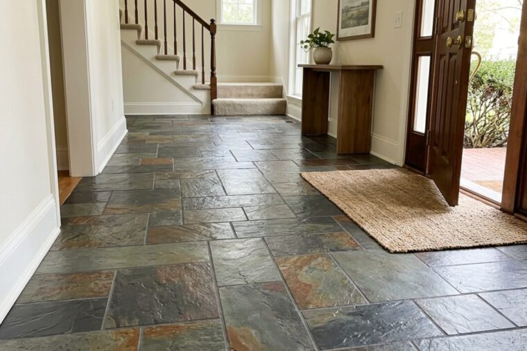 Restored multicolor slate floor in a home entry hall after slate floor restoration and sealing