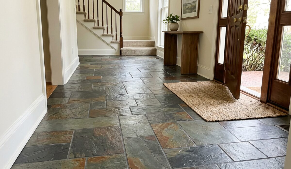 Restored multicolor slate floor in a home entry hall after slate floor restoration and sealing