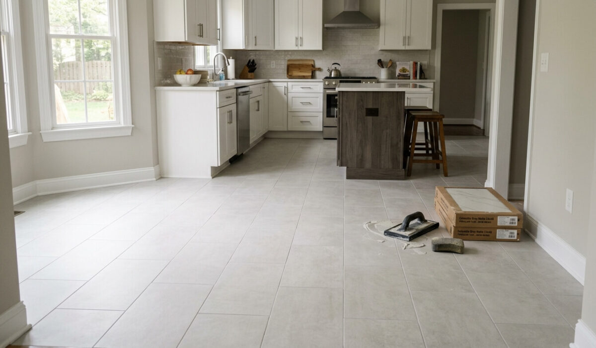 Large-format porcelain kitchen floor after the tile floor installation process in a Northern Virginia home