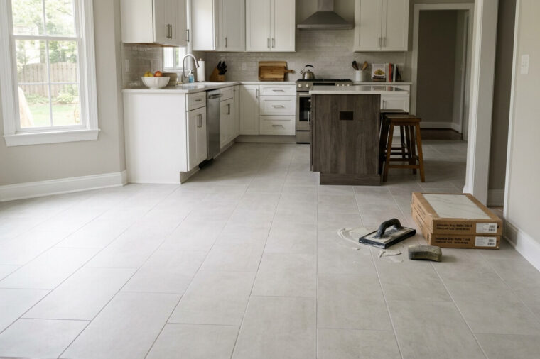 Large-format porcelain kitchen floor after the tile floor installation process in a Northern Virginia home