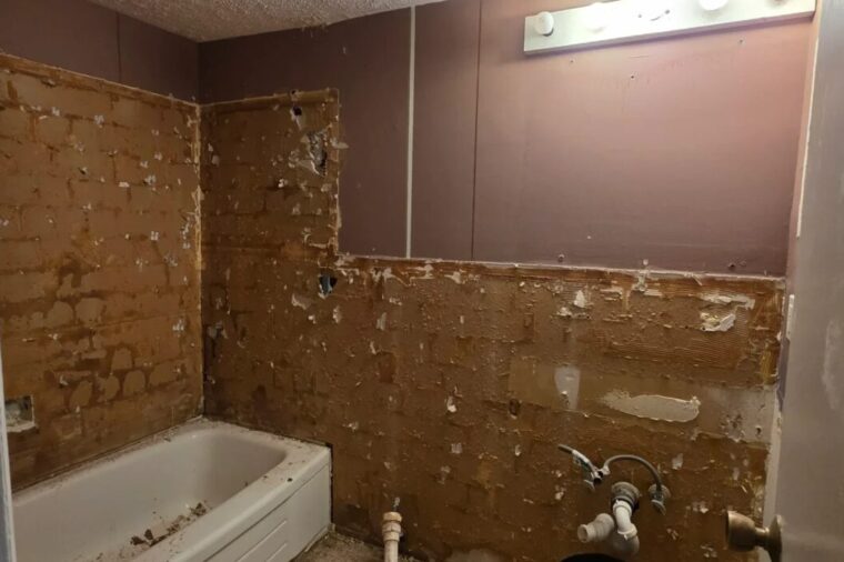 Bathroom tear-out before tile installation in Maryland, with the old wall tile and mortar bed removed