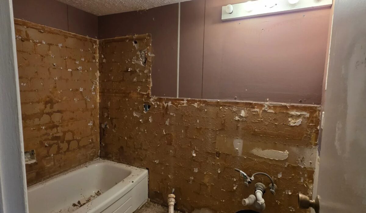 Bathroom tear-out before tile installation in Maryland, with the old wall tile and mortar bed removed