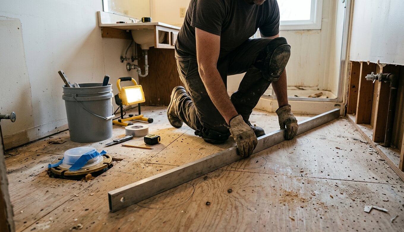 Installer checking subfloor flatness with a straightedge, step 2 of the tile floor installation process
